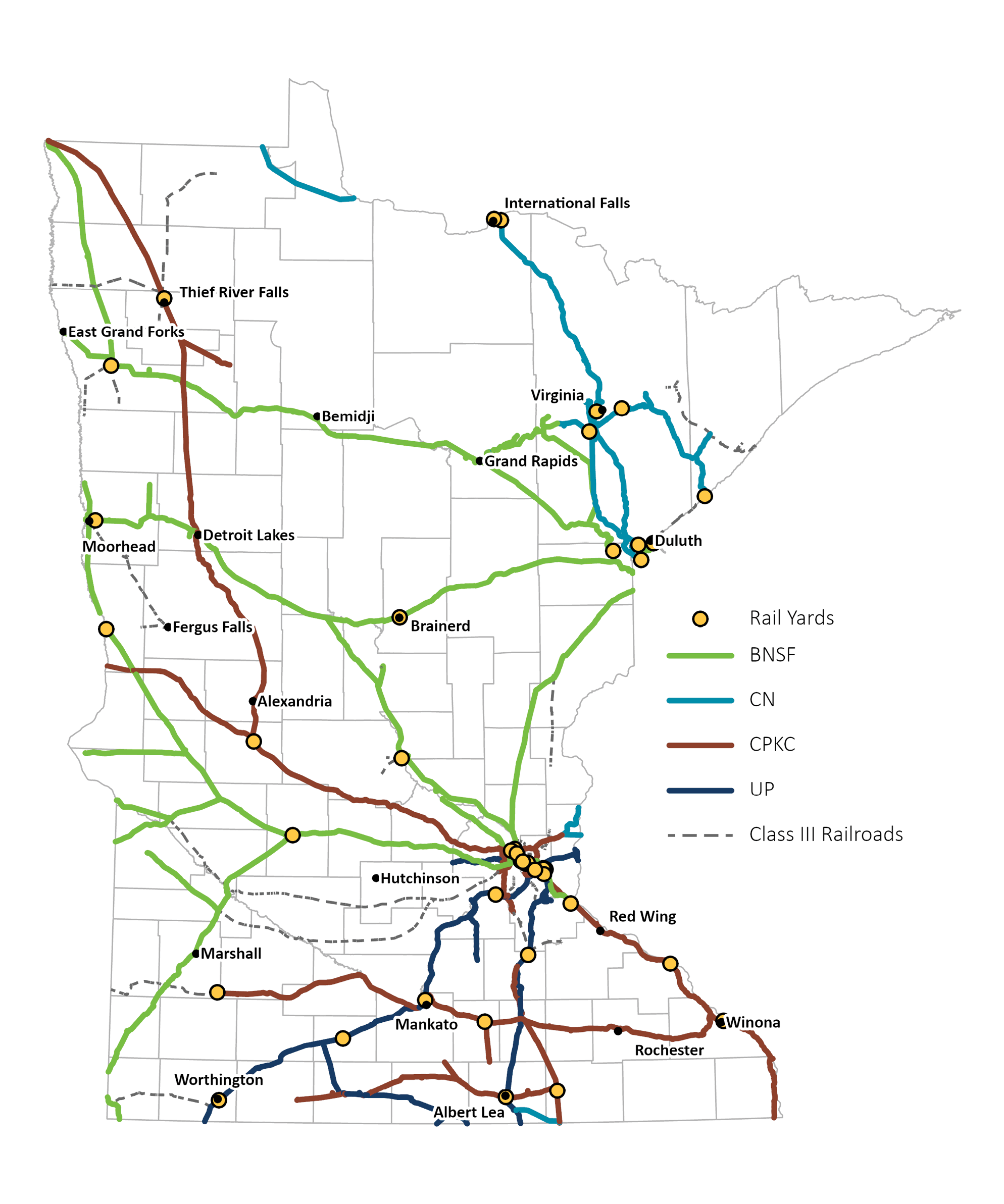 Map showing the Minnesota freight rail network by track ownership.