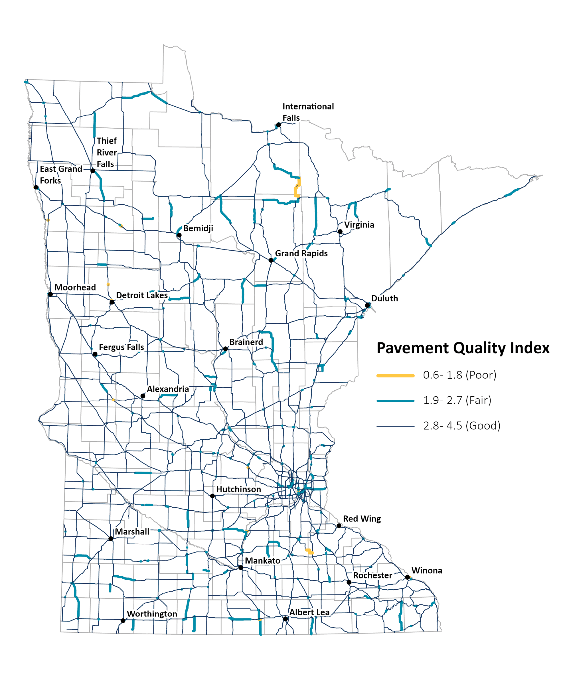 Map showing locations of poor, fair, and good pavement conditions.