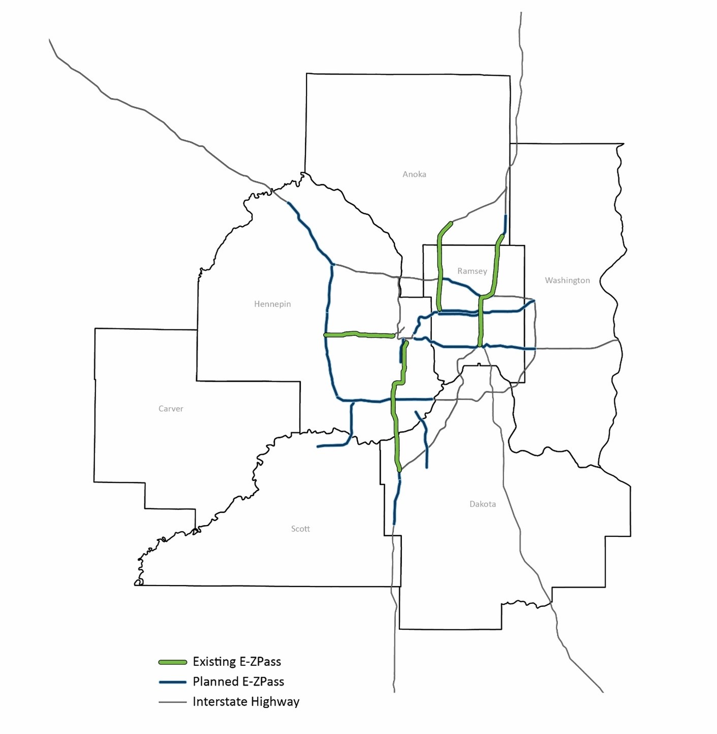 Map of Twin Cities metro area that shows location of existing E-ZPass lane corridors, planned E-ZPass lane corridors and interstate highways.