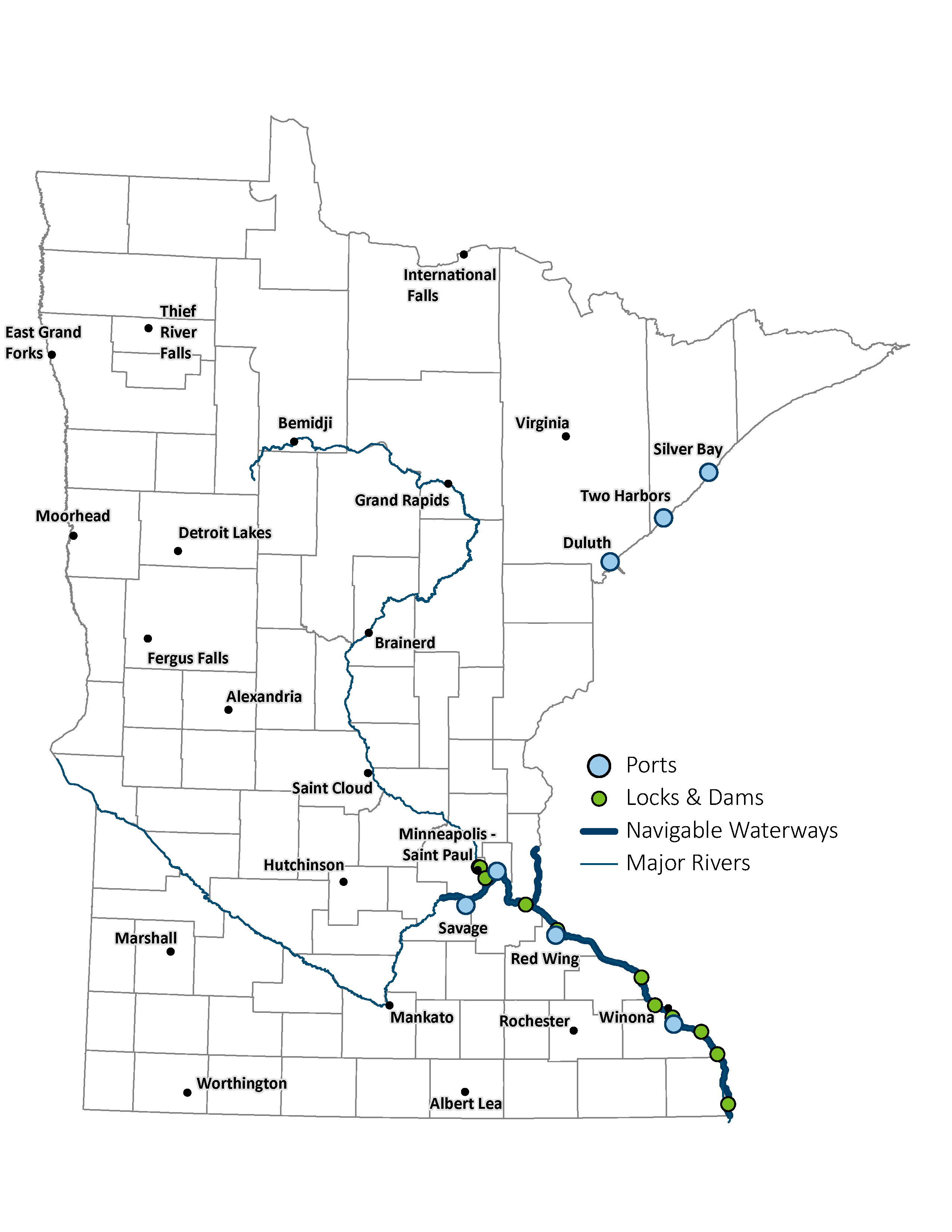 Minnesota map that shows three ports on Lake Superior and four ports on the Mississippi river system. The map also shows locks and dams, major rivers and navigable waterways in Minnesota.