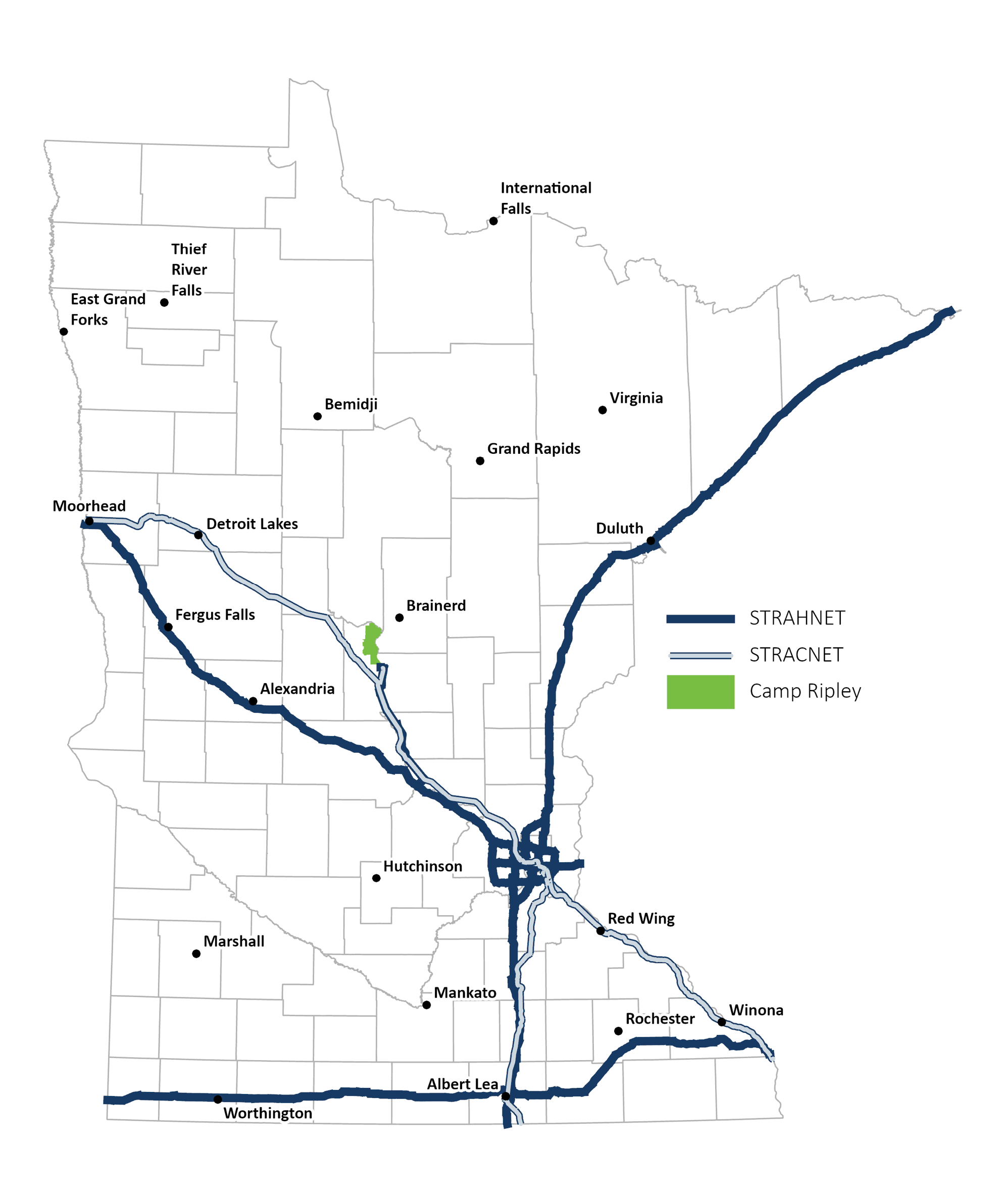 Map showing the locations of designated military freight highway and rail networks.