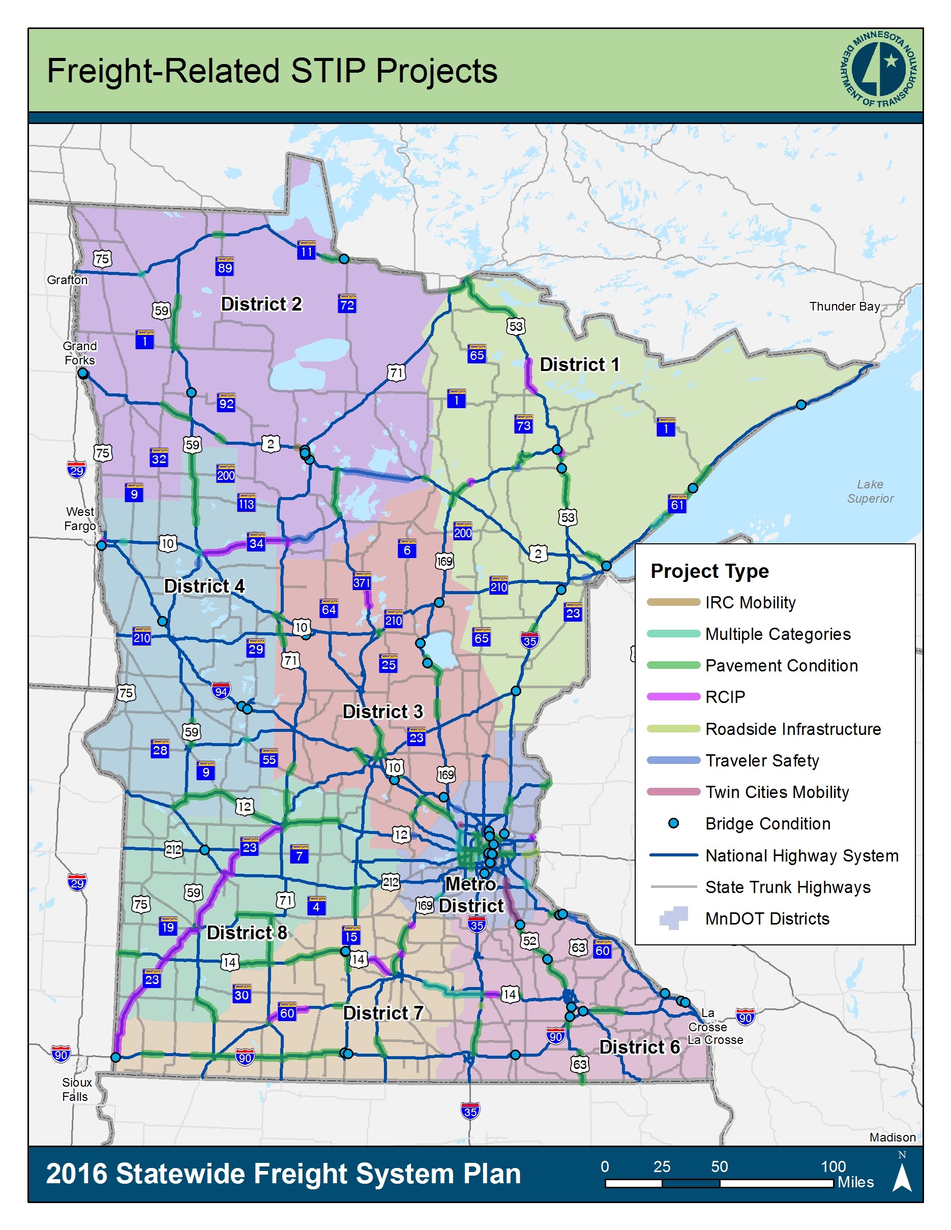 This is a summary map of the freight-related investments on the NHS by District.