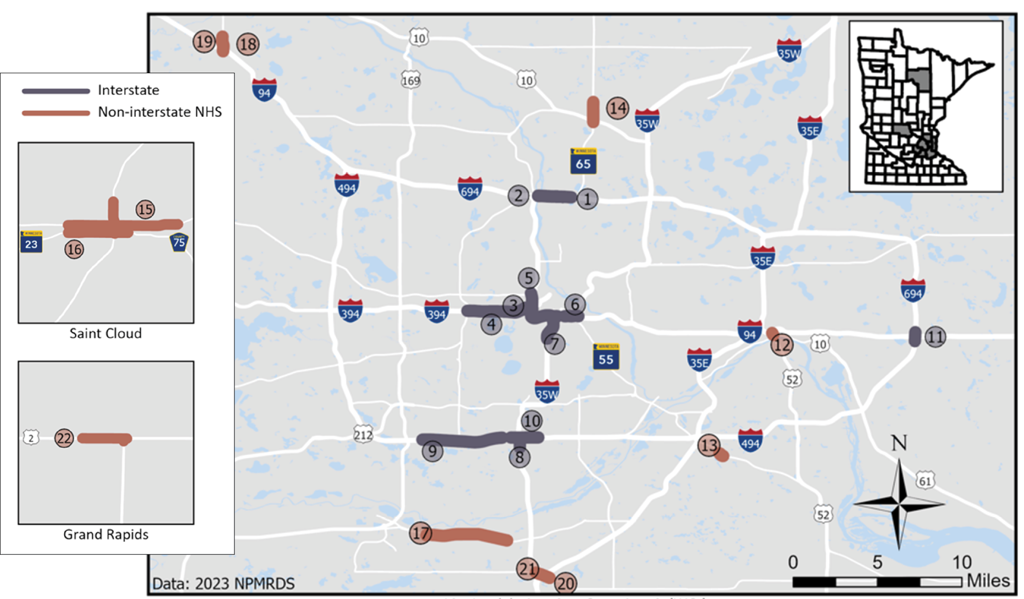 Map showing locations of Minnesota truck bottlenecks.