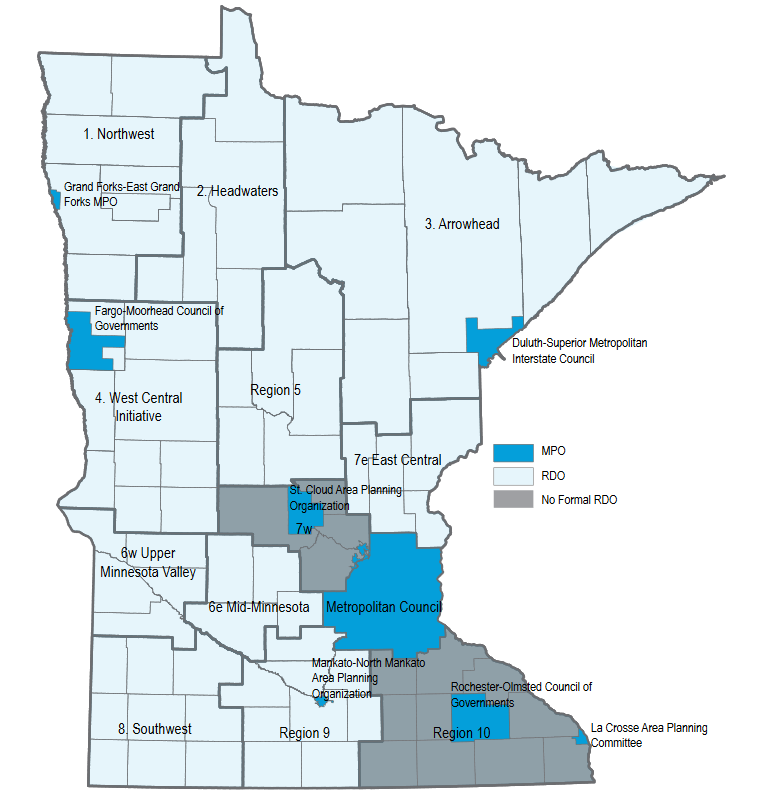 Figure 4-7: Minnesota's metropolitan planning organizations and regional development organization