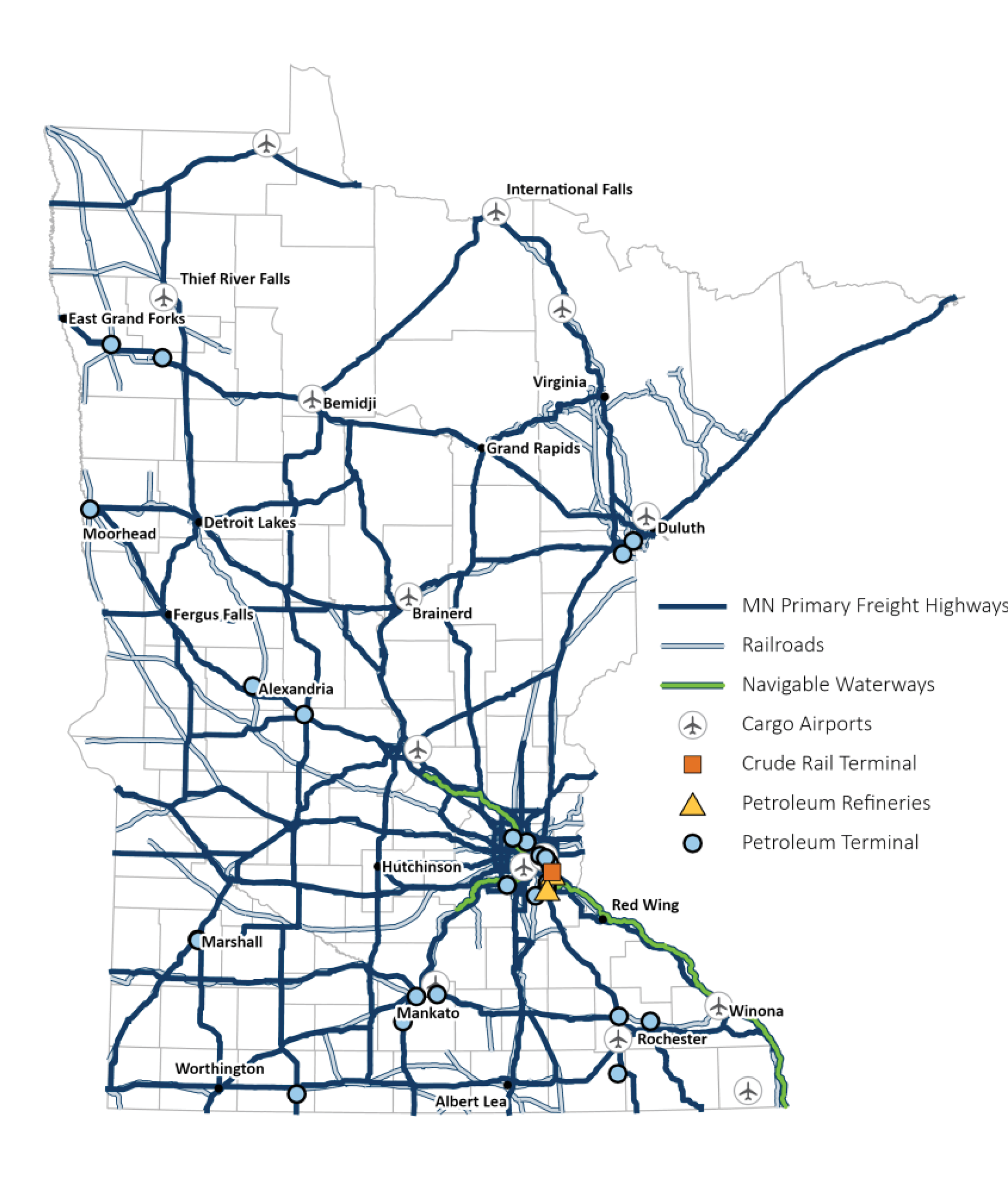 Map of Minnesota's multimodal freight system consisting of freight roadway network, navigable waterways, railways, pipelines, cargo airports, and other infrastructure.