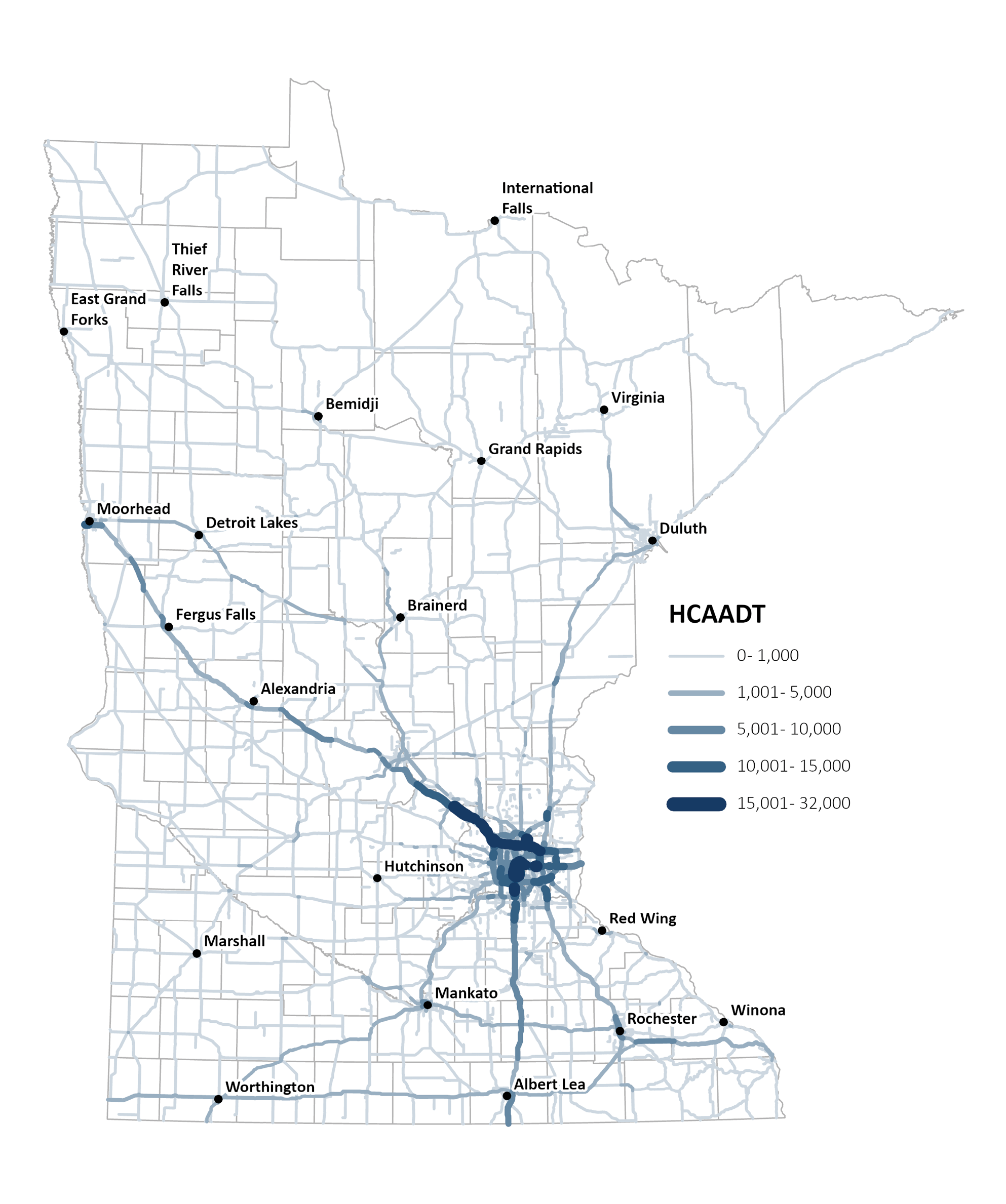 Map of heavy commercial annual average daily traffic volumes on Minnesota highways with concentration of activity in the Metro District.