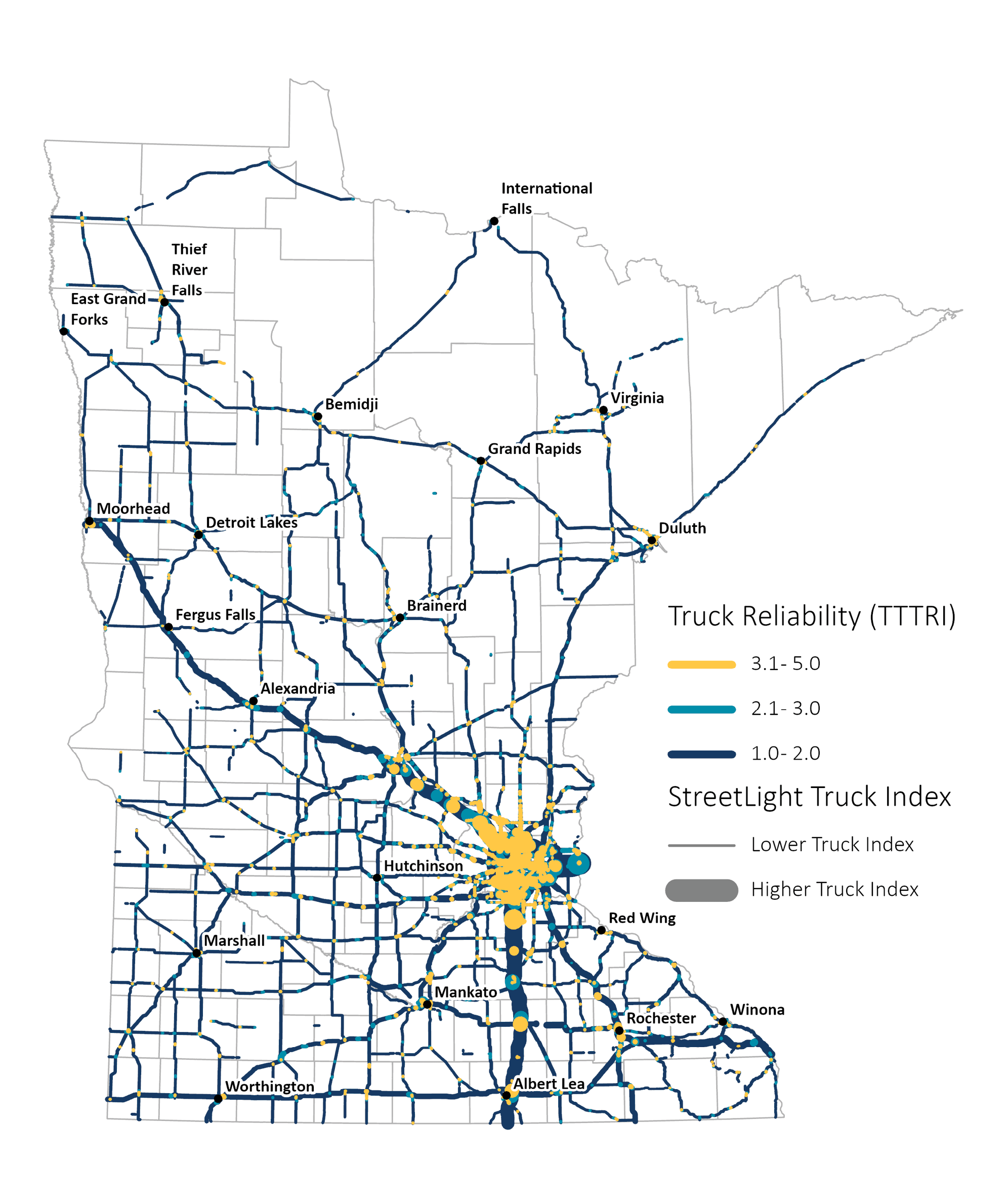 Map showing truck travel time reliability index on Minnesota highways with concentration of high values in the Metro Area and along I-94 to St. Cloud.