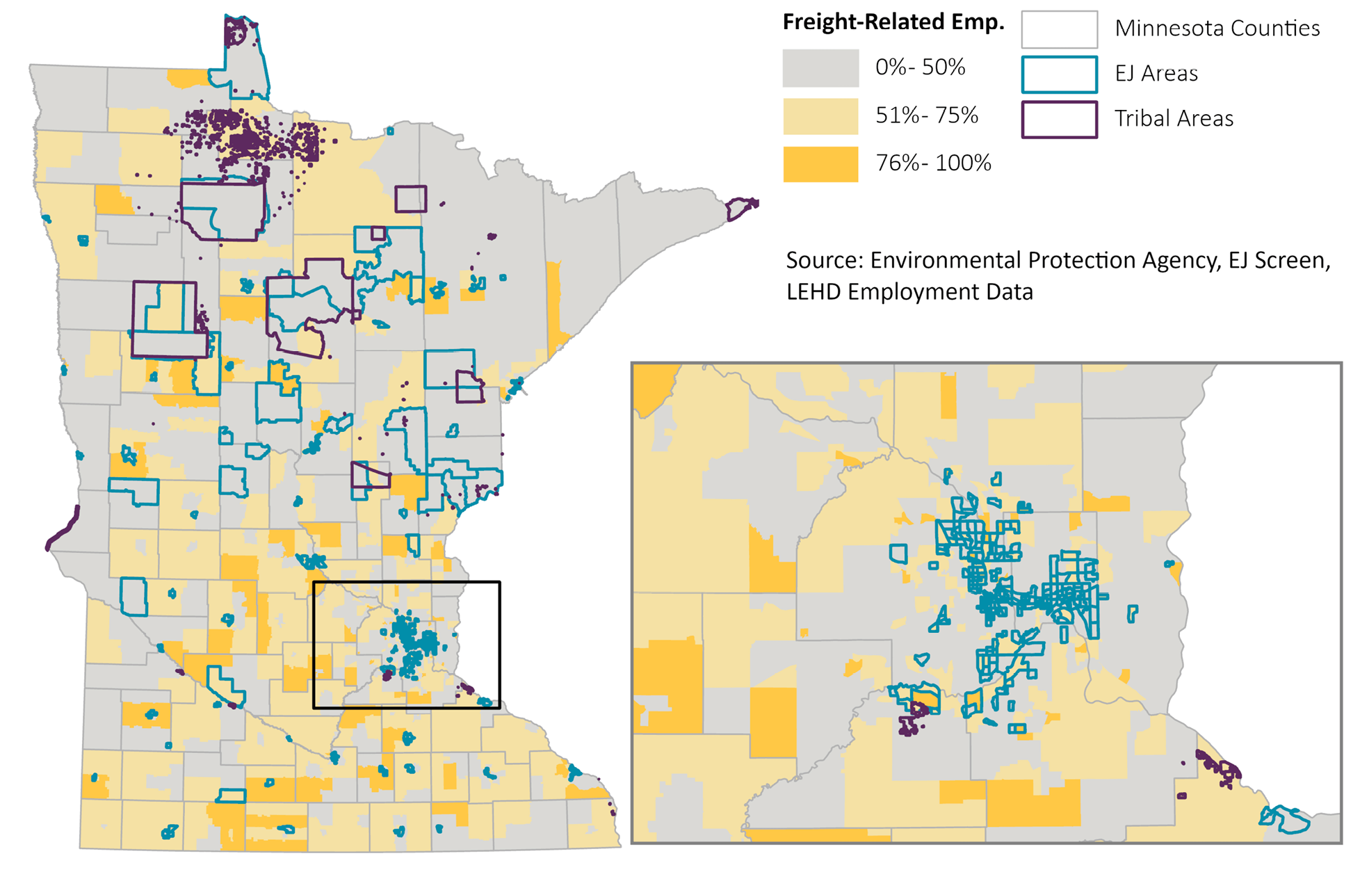 Map showing proportion of freight-related employment in Minnesota compared to the locations of environmental justice populations.