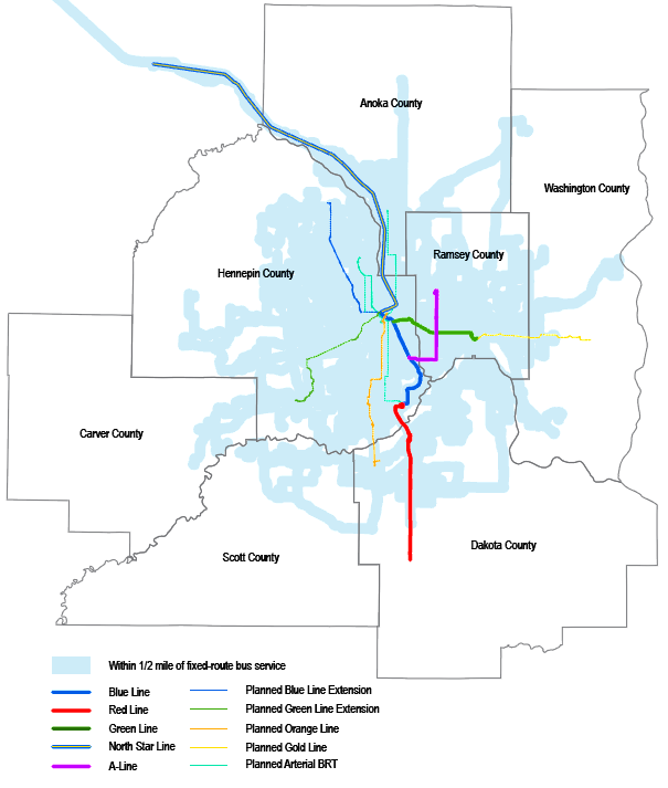 Existing and planned Twin Cities' fixed route public transit