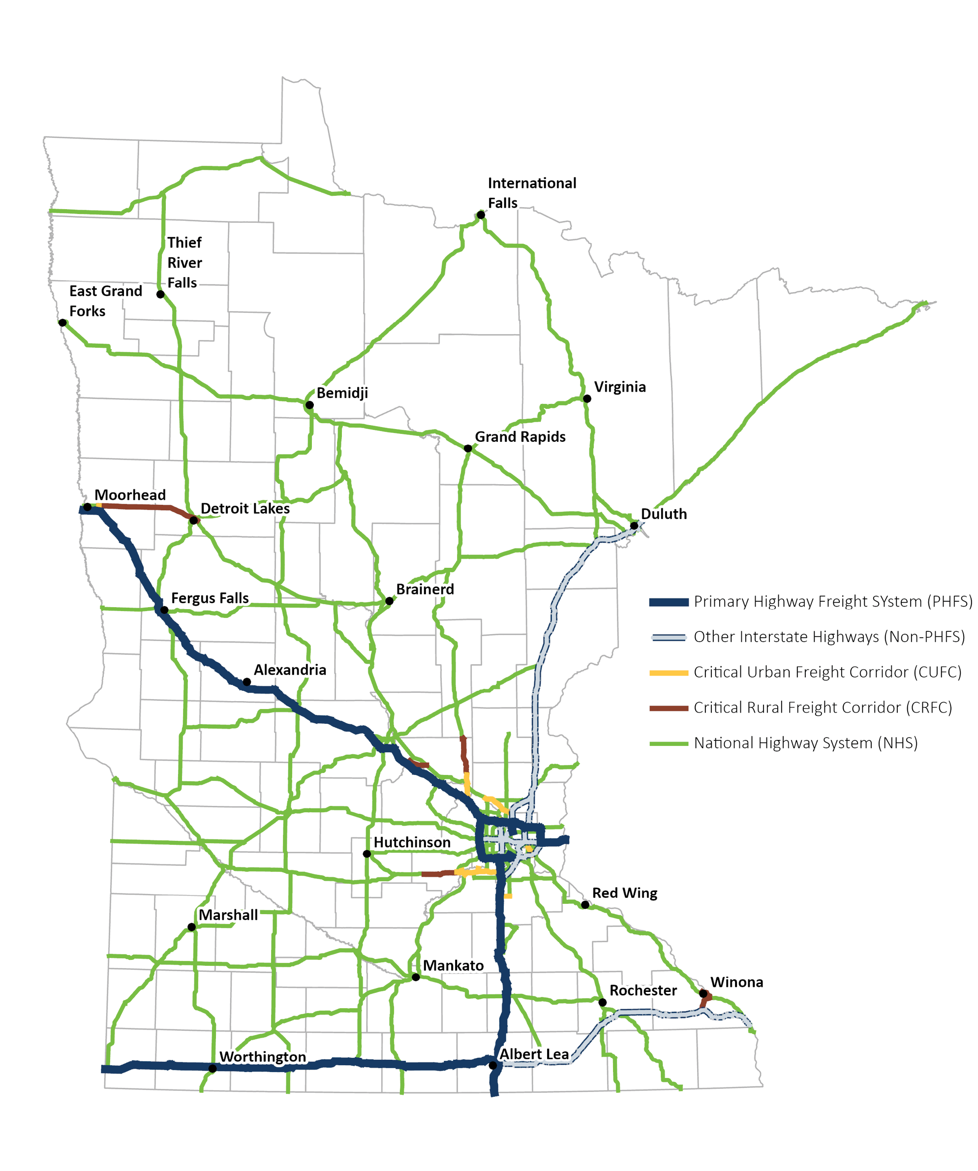 Map showing federally designated freight highway networks in Minnesota.