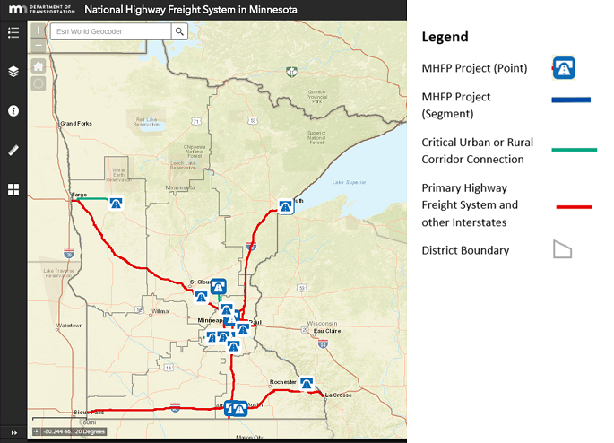 This is map focusing on the National Highway Freight System in Minnesota and project locations statewide. 