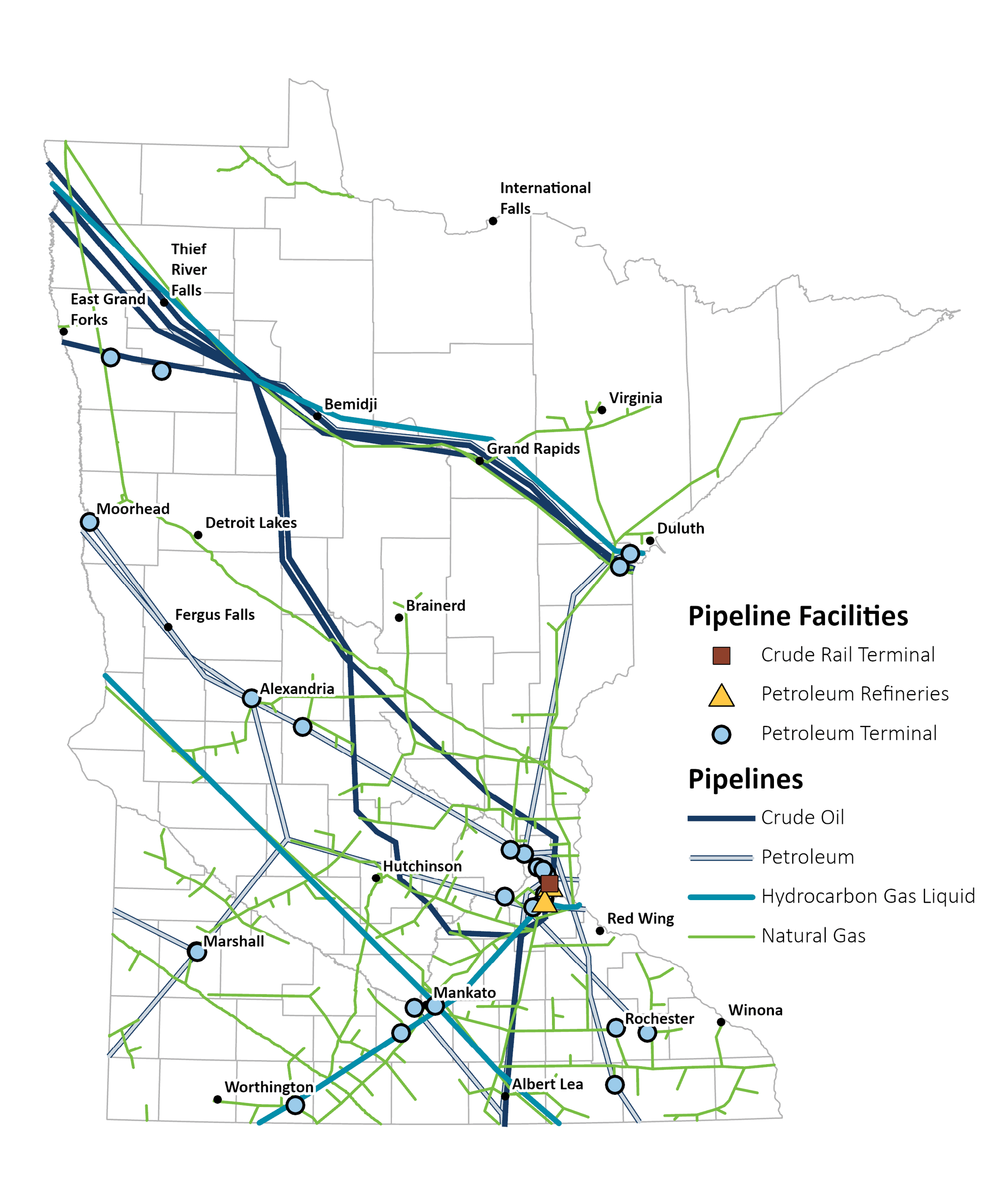 Map showing the locations and average annual cargo volumes of Minnesota airports that have handled cargo between 2019 and 2023.