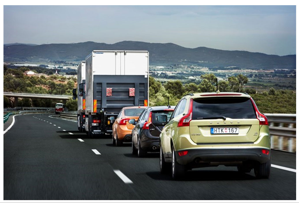 This is an image of a convoyed road train being tested by equipment manufacturer Volvo.