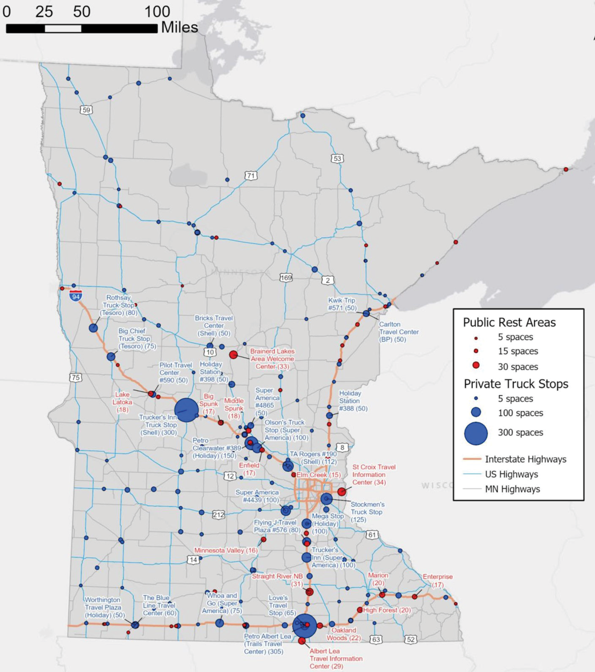 Map showing locations and capacity of public and private truck parking facilities in Minnesota.