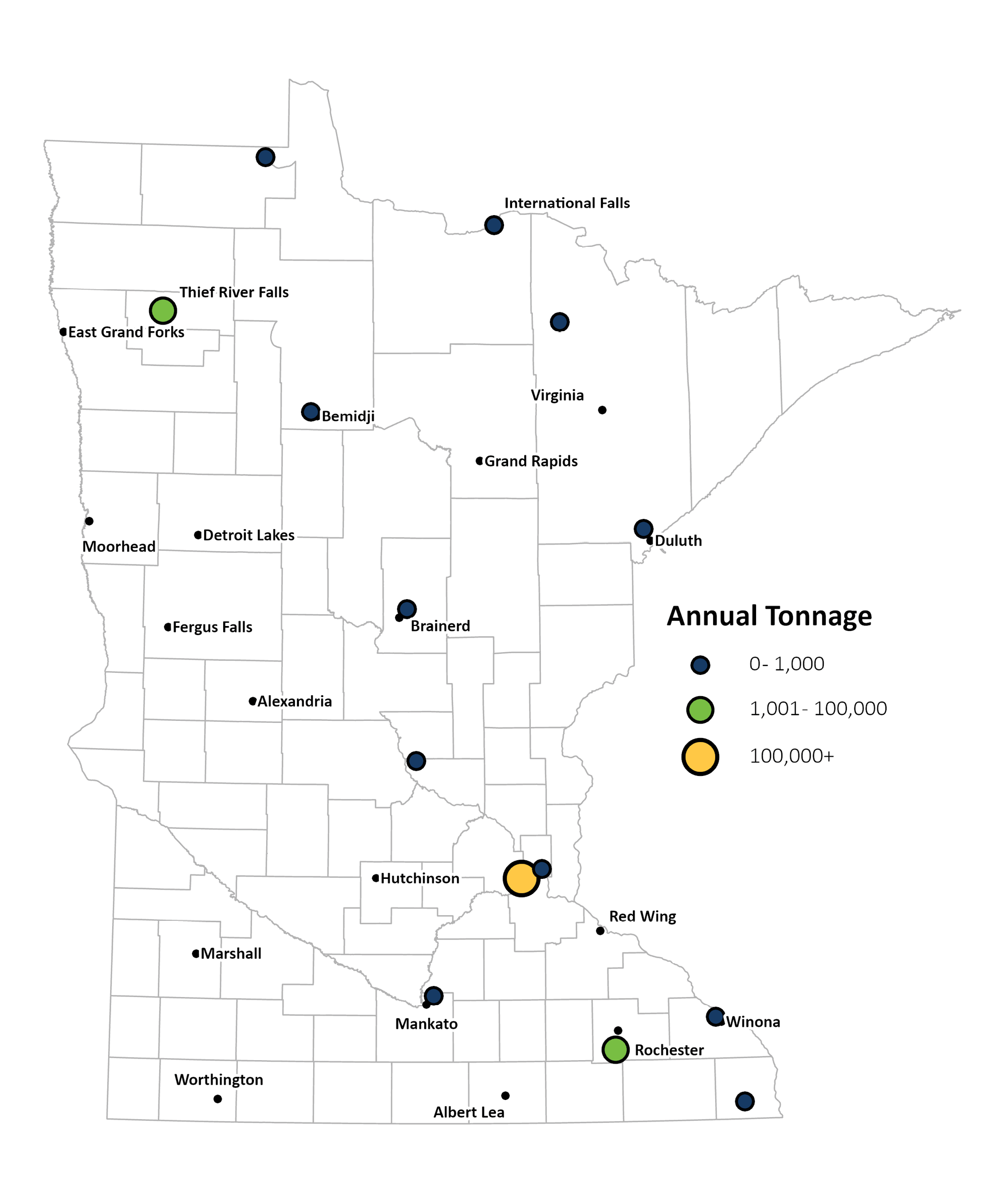 Map showing the locations and average annual cargo volumes of Minnesota airports that have handled cargo between 2019 and 2023.