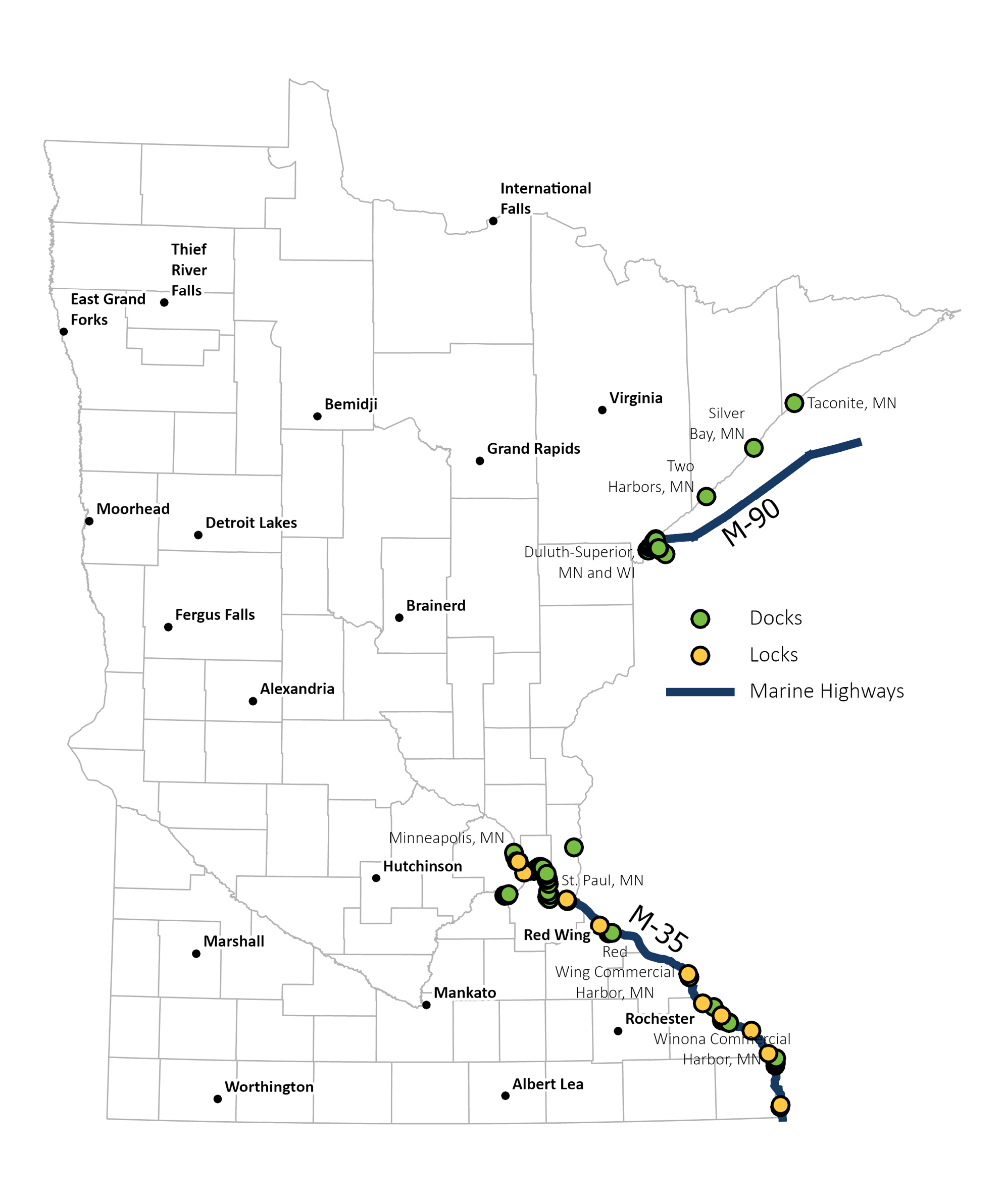 Map showing the locations of water cargo infrastructure in Minnesota including Mississippi River ports and the Port of Duluth-Superior.