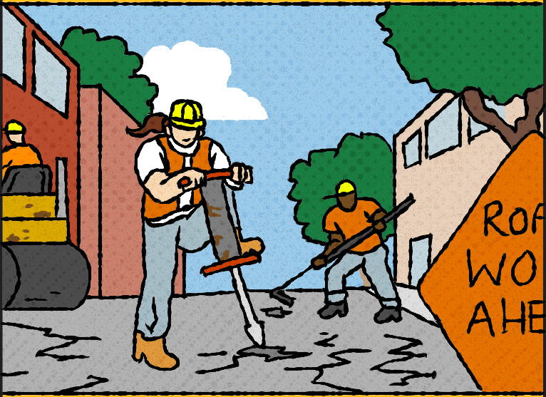 Construction workers using a jackhammer on a road