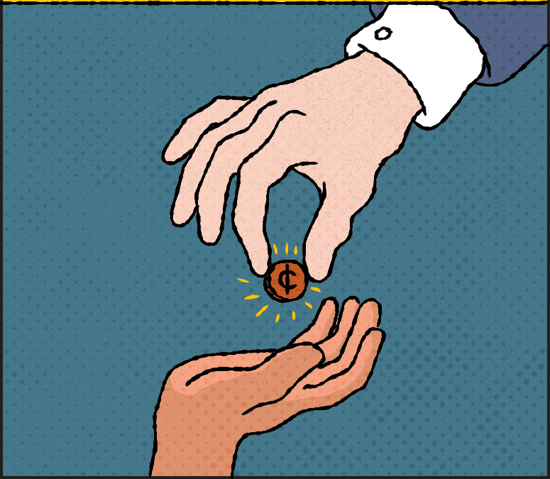 A single coin being dropped into an open hand