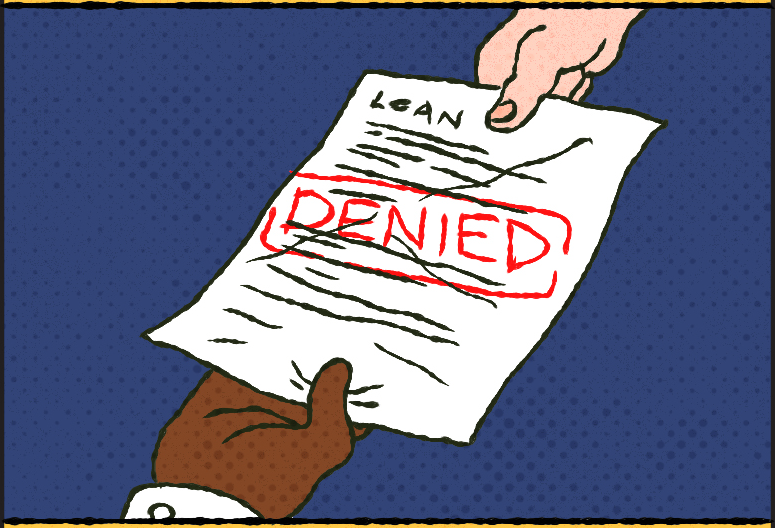A Black hand receiving a loan request form that has been denied