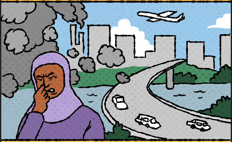 A person in hijab coughing due to transportation pollution