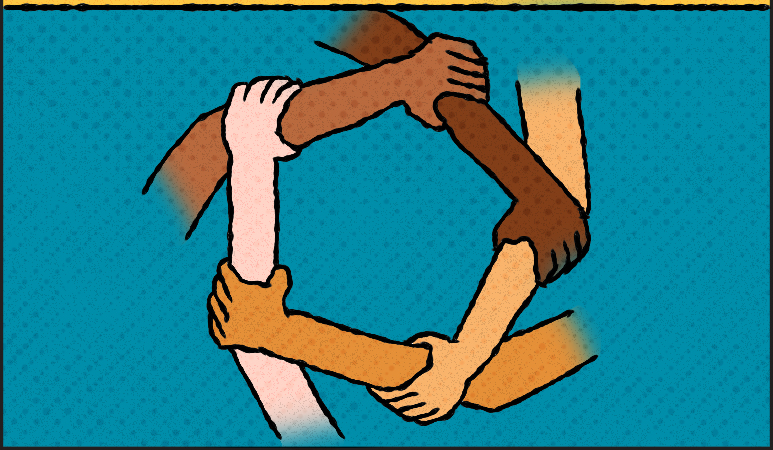 Arms and hands with different skin tones coming together to form a circle