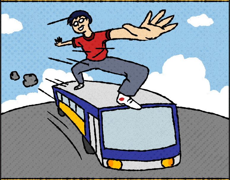 A person excitedly riding a bus