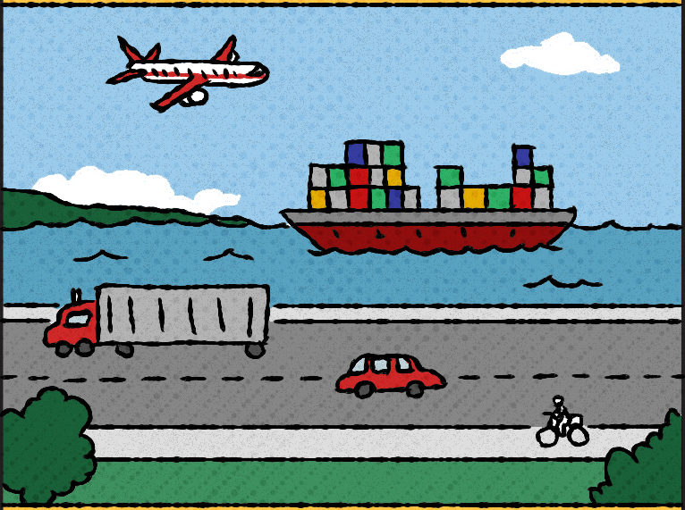 Scene showing a plane, a cargo ship, a truck, a small car, and a bicycle