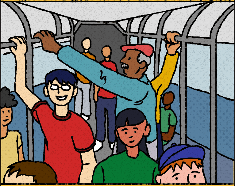 Bus passengers in a crowded bus