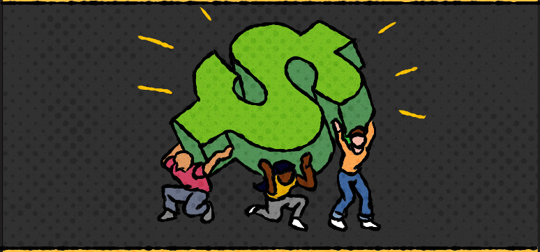 Three people holding up a large dollar sign