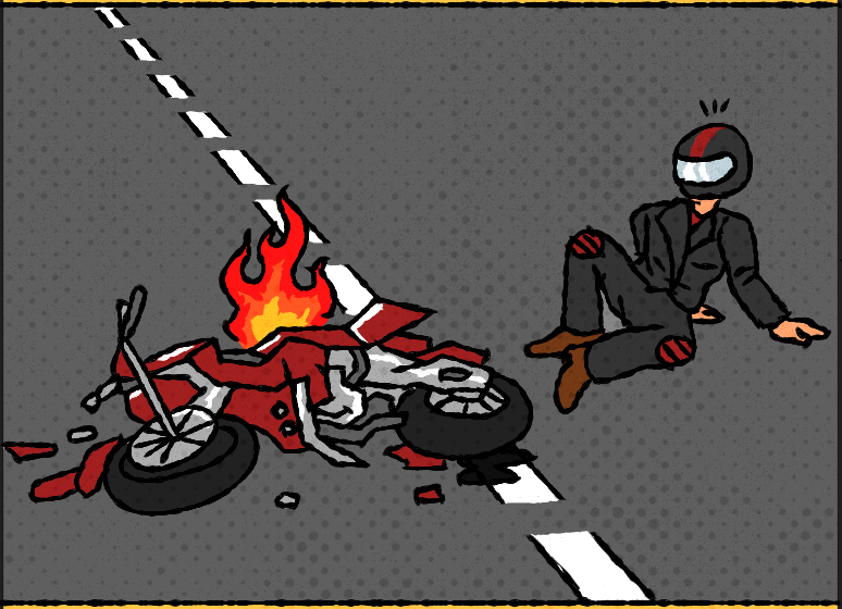 An injured motorcyclist next to their damaged motorcycle