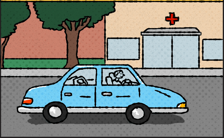 A car driving safely past a hospital