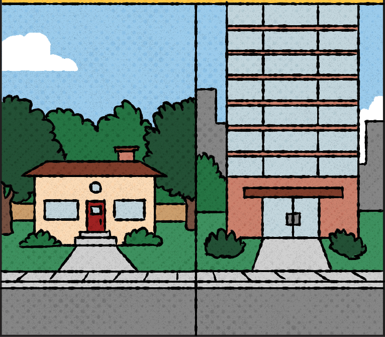 Illustrated comparison of a small house and a tall apartment building