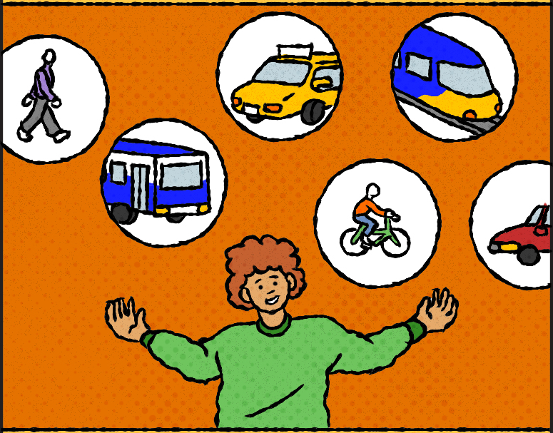 A person pointing to a collection of transportation modes including walking, bus, taxi, bike, train, and car