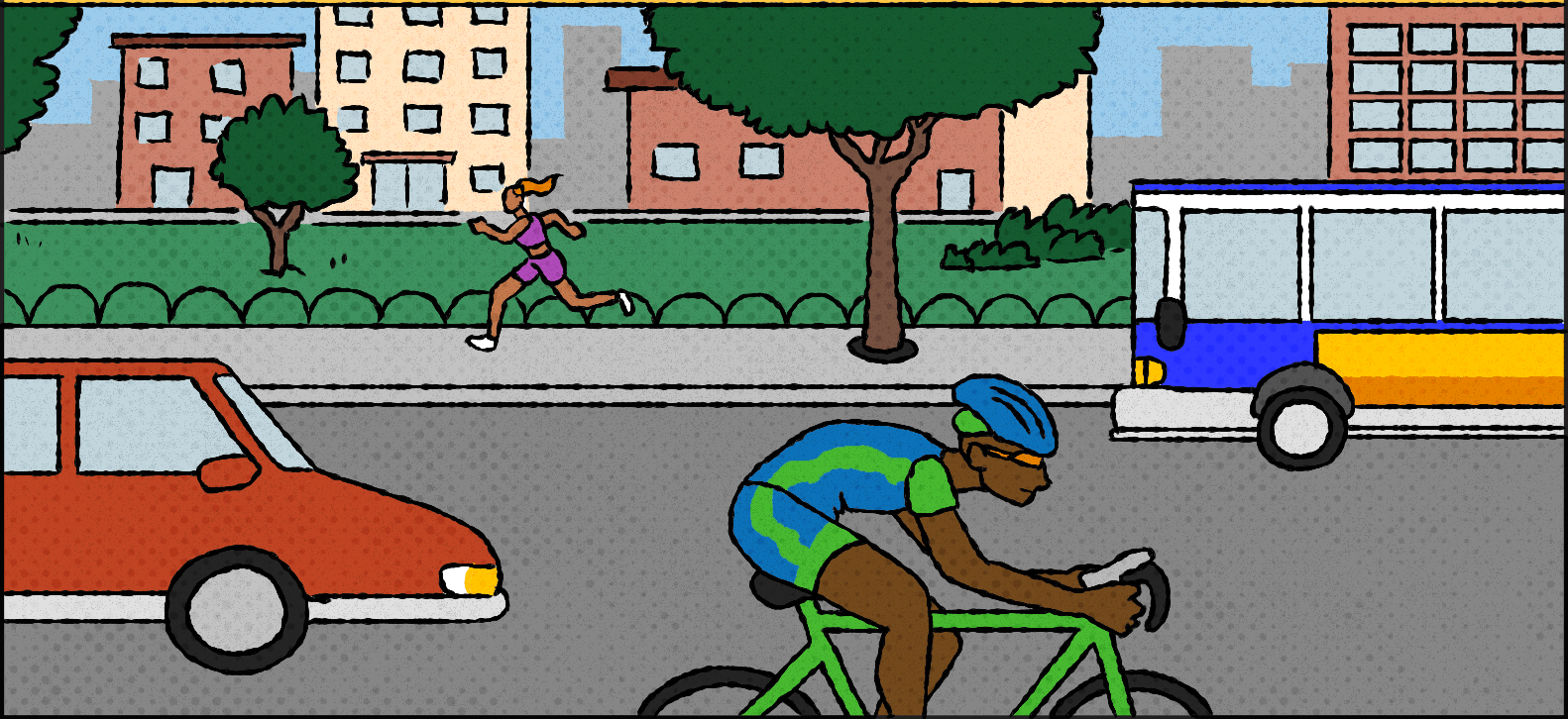 A scene showing people biking, running, driving, and taking the bus